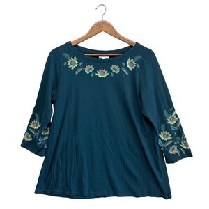 J. Jill Womens Sz M Tunic Top Floral Embroidered 3/4 Sleeve Cottagecore Feminine